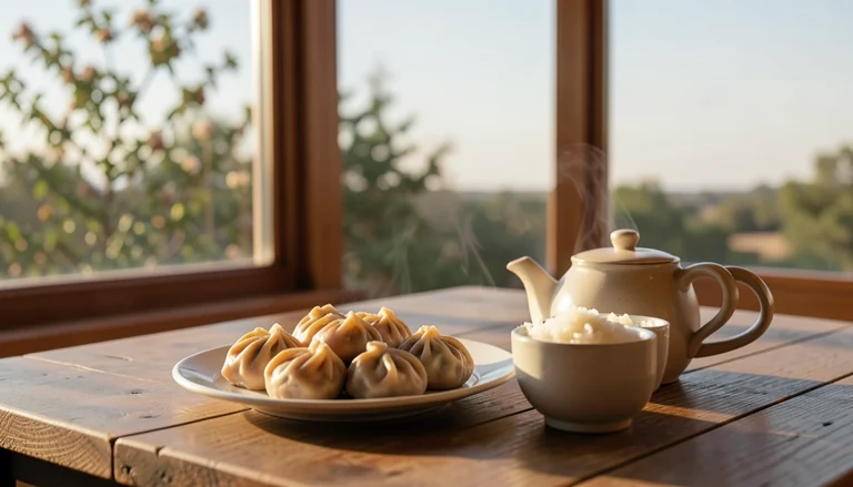 AI illustration of An imagined shared Chinese table: a plate of dumplings, a bowl of rice and a pot of tea in warm evening light, with no restaurant signage.