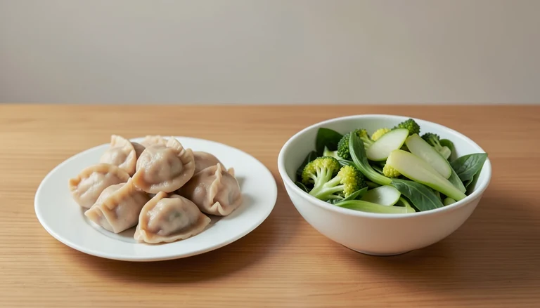 AI illustration of Generic editorial illustration of cooked pork dumplings and vegetables in separate dishes.