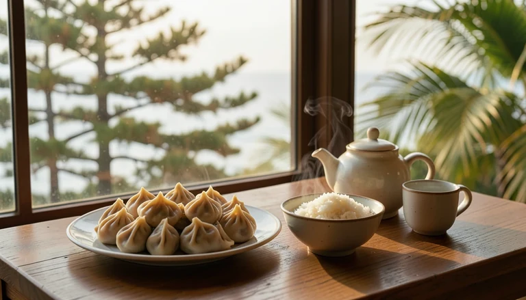 AI illustration of An imagined shared Chinese table: a plate of dumplings, a bowl of rice and a pot of tea in warm evening light, with no restaurant signage.