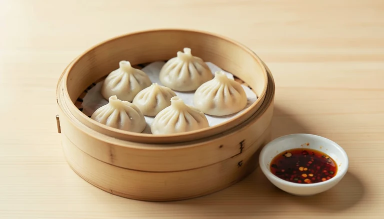 AI illustration of steamed dumplings with pleated wrappers in a bamboo steamer