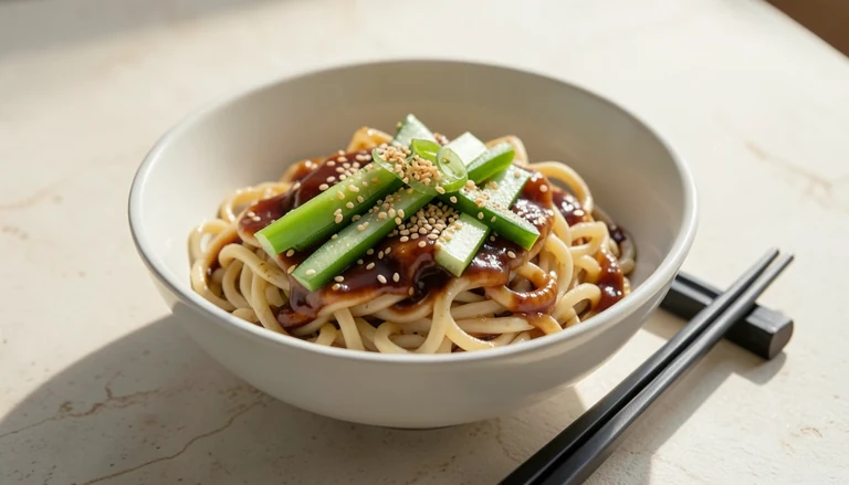 AI illustration of cold noodles in sesame sauce with cucumber and scallion