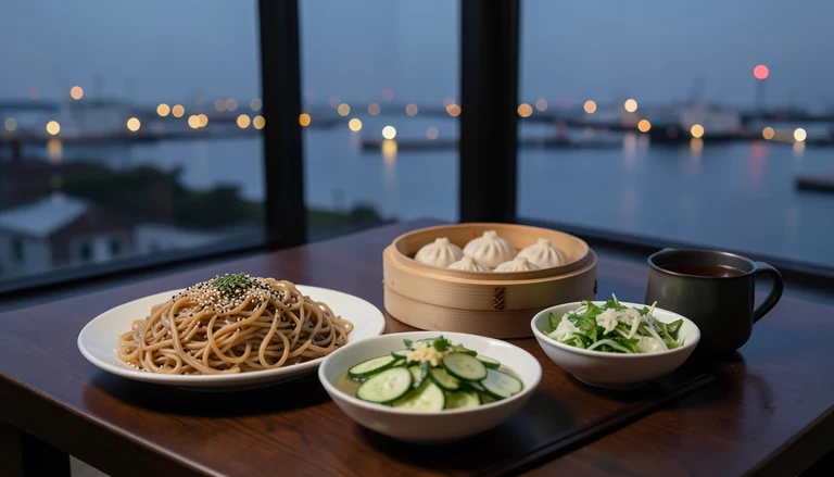AI illustration of An imagined shared table at dusk: a bowl of clear beef noodle soup, a bamboo steamer of shrimp dumplings, a plate of mapo tofu, and tea, with a river and a distant skyline beyond the window.