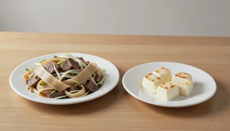 AI illustration of Generated food illustration of broad beef chow fun ribbons and small cooked salt-and-pepper tofu pieces on separate plates.