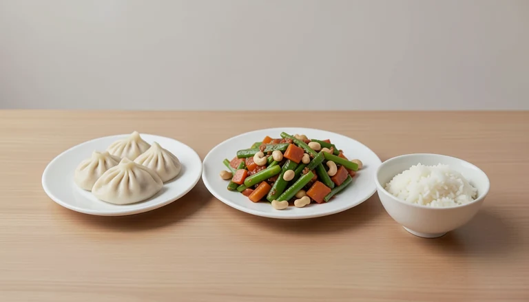 AI illustration of Generated food illustration of ordinary steamed dumplings, cooked vegetables and rice.