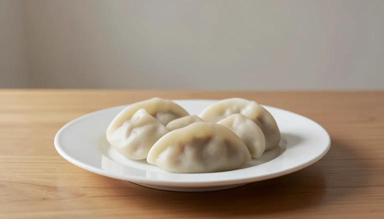 AI illustration of Generated food illustration of ordinary steamed dumplings with intact closed wrappers.