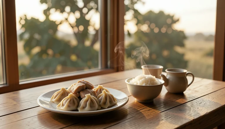 AI illustration of An imagined shared Chinese table: a plate of dumplings, a bowl of rice and a pot of tea in warm evening light, with no restaurant signage.