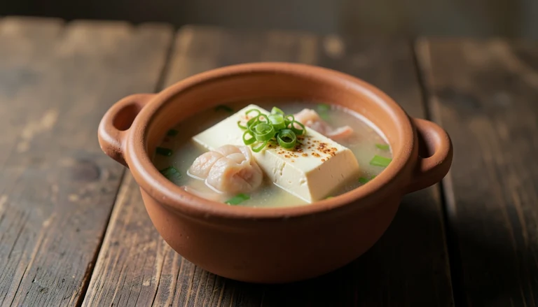 AI illustration of a small clay pot of tofu and seafood in a light broth