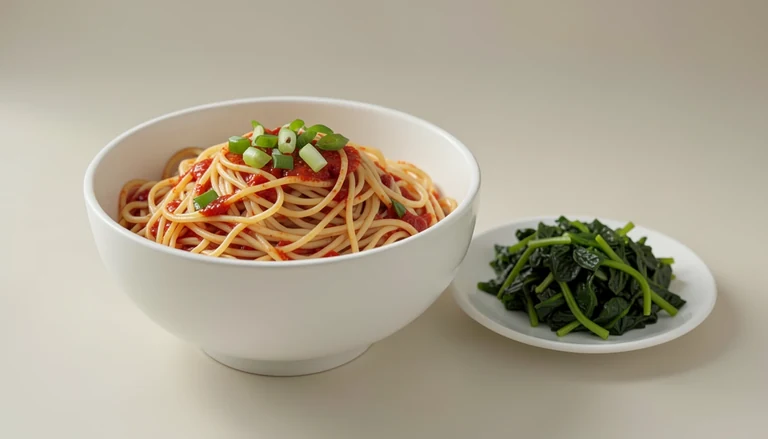AI illustration of thin noodles dressed in chili oil beside cooked greens