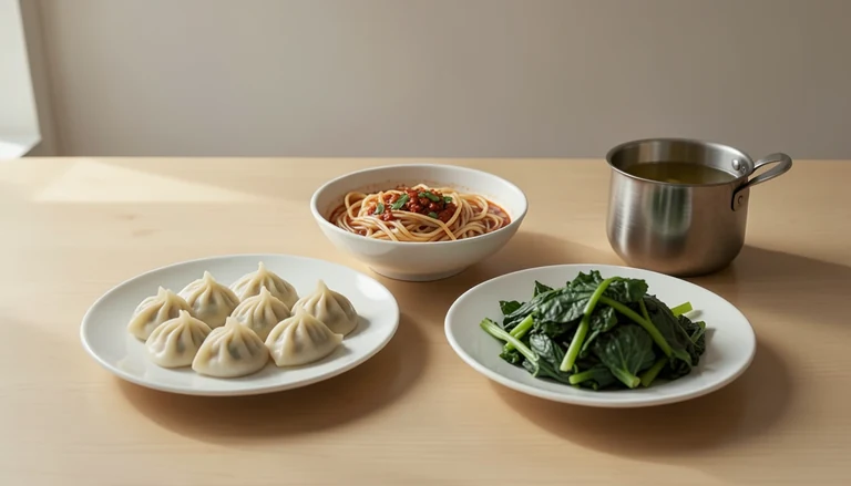 AI illustration of An imagined table of steamed Chinese dumplings, chili noodles, greens and a small broth pot, with no restaurant identity