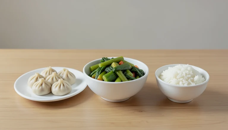 AI illustration of Illustrated shared table with closed dumplings, cooked vegetables and rice.