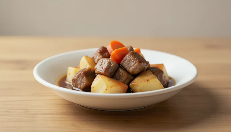 AI illustration of browned cooked pork pieces with potatoes and carrots