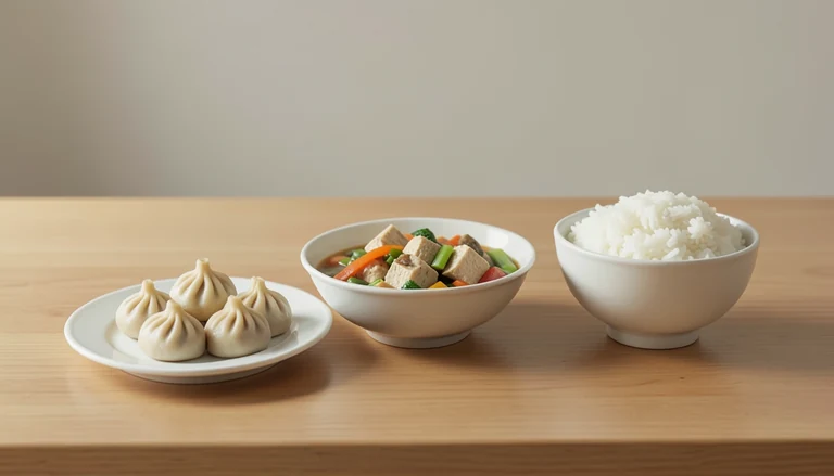 AI illustration of Illustration of closed pleated dumplings, cooked tofu with vegetables and white rice.