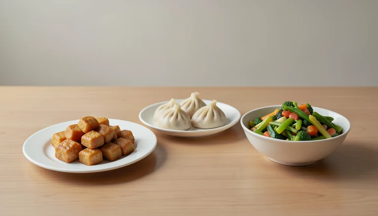 AI illustration of Generated food illustration of General Tso tofu, ordinary steamed dumplings and cooked vegetables.