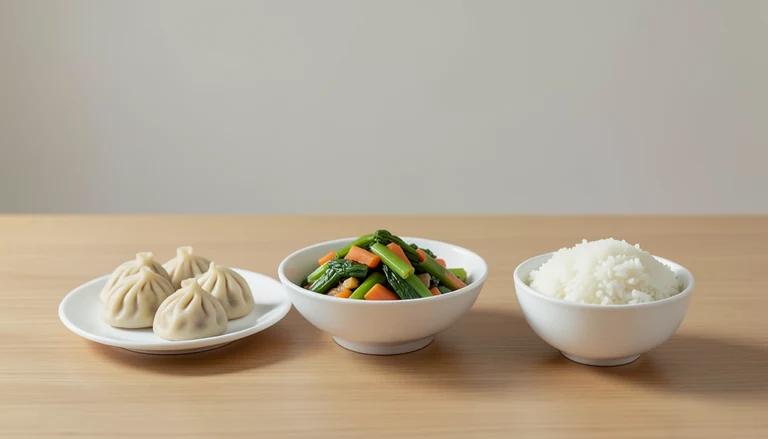AI illustration of Illustrated shared table with closed dumplings, cooked vegetables and rice.