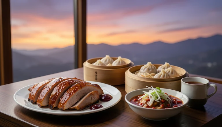 AI illustration of An imagined shared Chinese dinner table at desert dusk: a roast duck platter, a bamboo steamer of dumplings, a bowl of chili-oil noodles, tea and chopsticks beside a window with a warm orange sky.