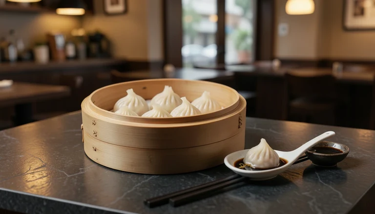 AI illustration of a bamboo steamer of soup dumplings with black vinegar and ginger