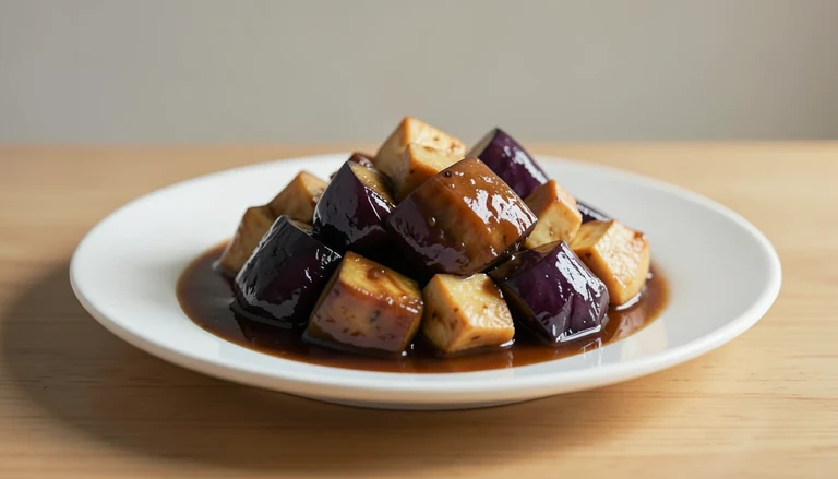 AI illustration of braised eggplant and tofu in glossy sauce