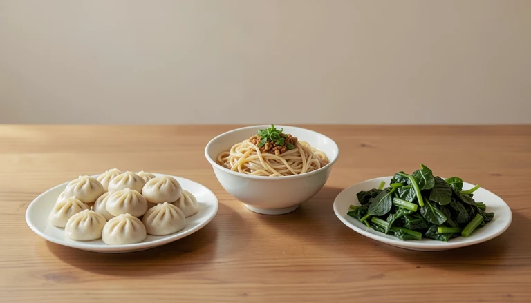 AI illustration of Illustration of a shared table with closed dumplings, noodles and cooked greens.