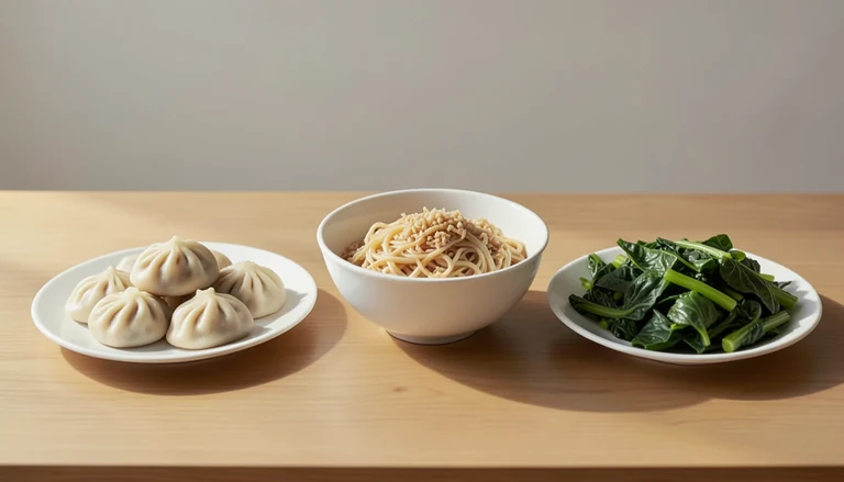 AI illustration of Illustration of a shared table with closed dumplings, noodles and greens.