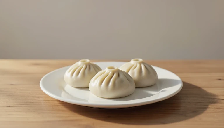 AI illustration of round pleated closed dumplings on a plain plate