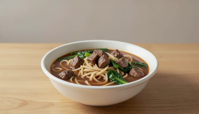 AI illustration of noodles in brown broth with cooked beef chunks and greens