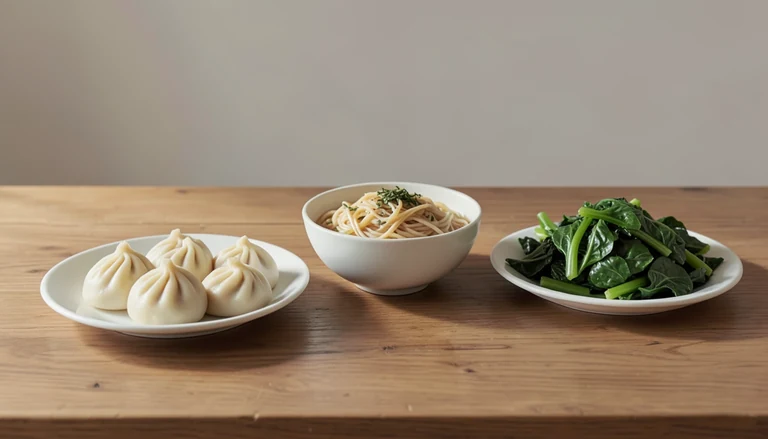 AI illustration of Illustration of a shared table with closed dumplings, noodles and cooked greens.