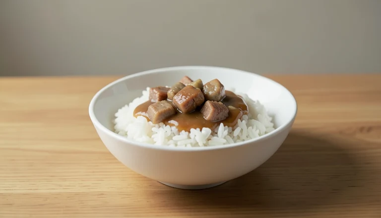 AI illustration of braised pork pieces over white rice
