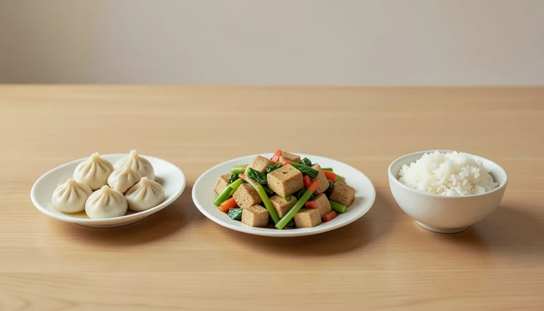 AI illustration of Illustration of a shared meal with closed dumplings, tofu and vegetables, and rice.