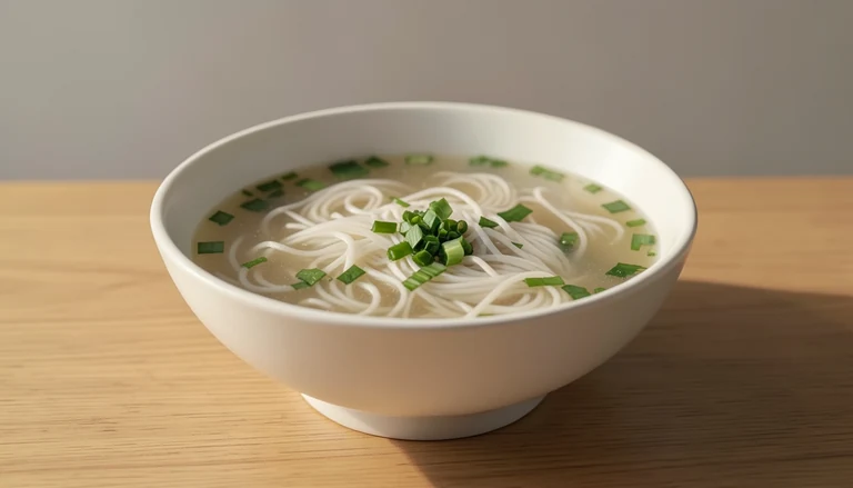 AI illustration of thin rice noodles in broth with leafy greens