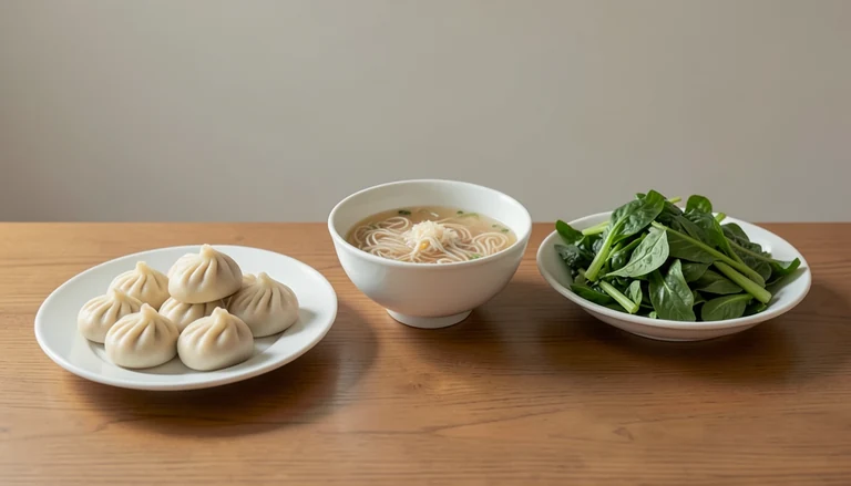 AI illustration of Illustration of a shared table with rice noodles, dumplings and vegetables.