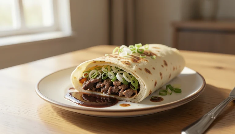 AI illustration of a wheat pancake roll with beef and scallion filling visible at its cut end
