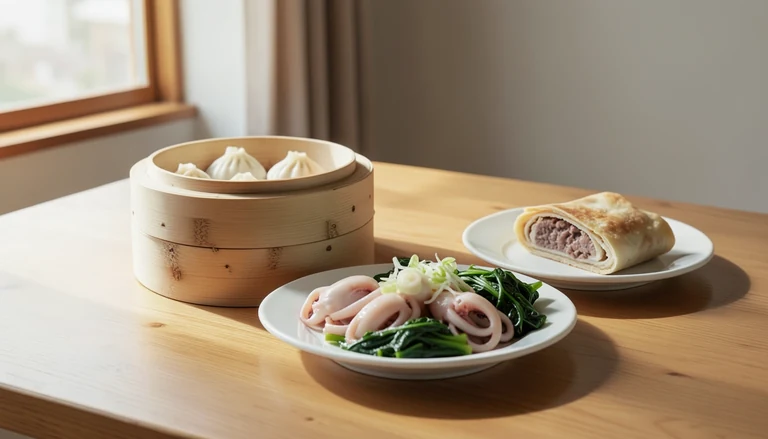 AI illustration of An imagined shared Chinese meal with a bamboo steamer of soup dumplings, a seafood plate, vegetables and a sliced beef roll on a wooden table.