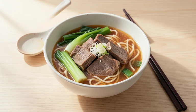 AI illustration of Taiwanese-style beef noodle soup with bok choy