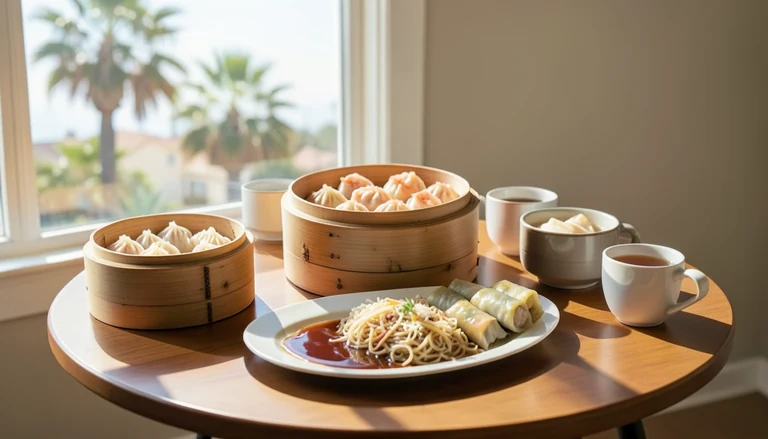 AI illustration of A shared table with steamer baskets of soup dumplings, a carved roast duck with pancakes, and bowls of hand-pulled noodles