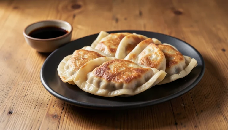 AI illustration of pork pot stickers with a crisp bottom