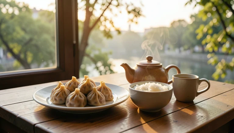 AI illustration of An imagined shared Chinese table: a plate of dumplings, a bowl of rice and a pot of tea in warm evening light, with no restaurant signage.
