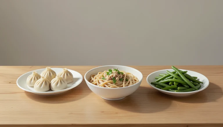 AI illustration of Illustration of a plate of closed pleated dumplings, a bowl of noodles and cooked green beans.