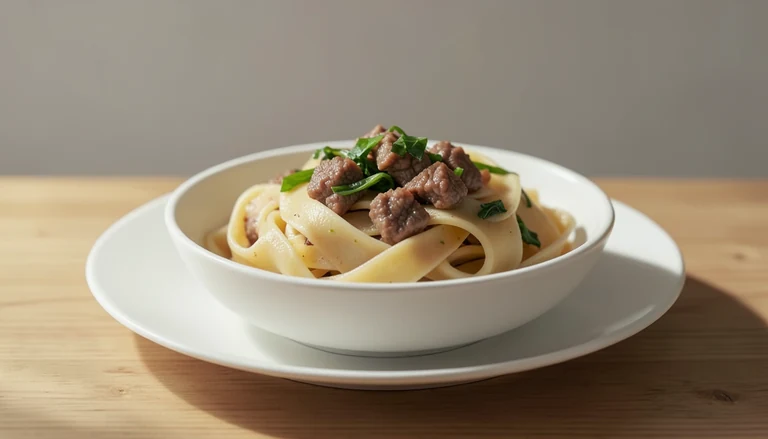 AI illustration of broad wheat noodles with cooked beef and vegetables
