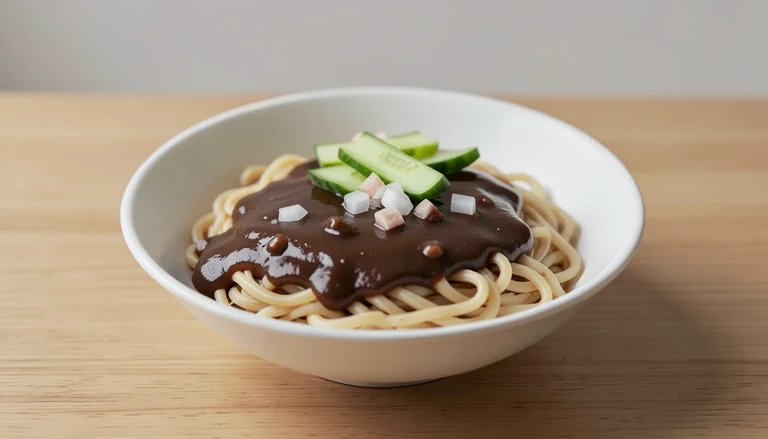 AI illustration of wheat noodles with smooth dark fermented-bean sauce and cucumber