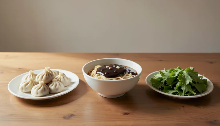 AI illustration of Illustration of a shared table with dumplings, noodles with dark bean sauce and greens.