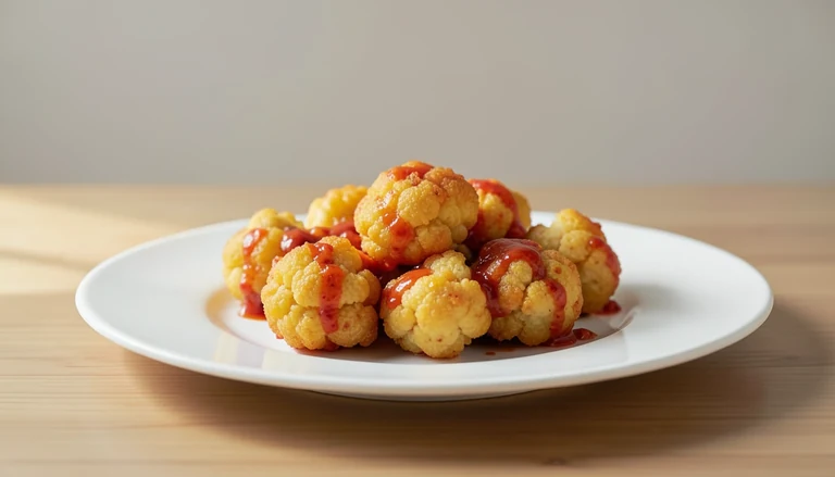 AI illustration of Generated food illustration of cooked golden-brown battered Gobi Manchurian cauliflower.
