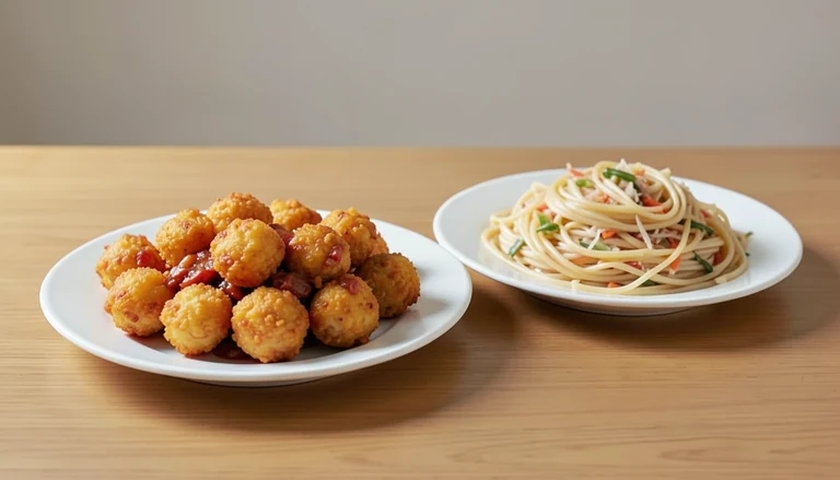 AI illustration of Generated food illustration of golden-brown battered cauliflower and cooked Hakka noodles on separate plates.