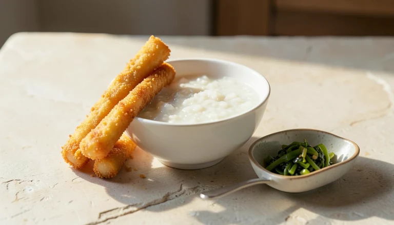 AI illustration of rice congee beside fried dough sticks