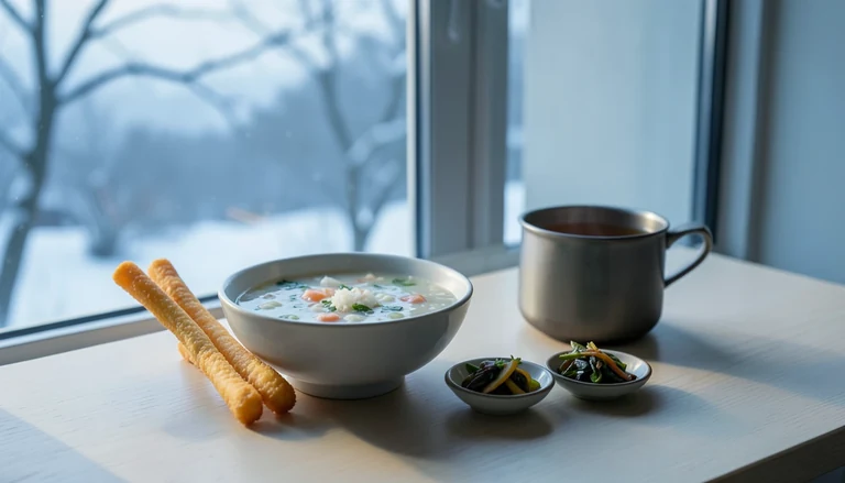 AI illustration of An imagined shared Chinese table: hand-pulled noodles, a bamboo steamer of dumplings, a plate of mapo tofu, and a small hot-pot bowl, with tea and chopsticks beside a window at dusk.