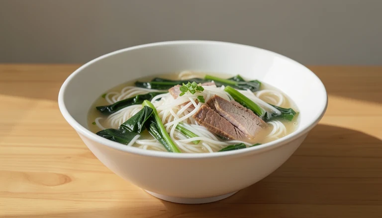AI illustration of a bowl of Yunnan-style rice-noodle soup with greens