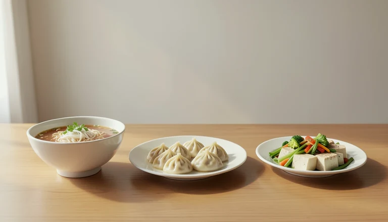 AI illustration of Illustrated shared table with dumplings, noodles and vegetables; no real restaurant depicted.