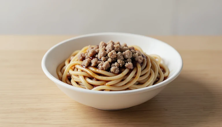 AI illustration of Generic illustration of cooked Beijing noodles with pork.