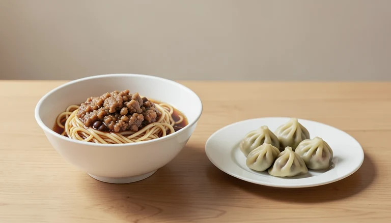 AI illustration of Generic illustration of cooked Beijing noodles and vegetable dumplings.