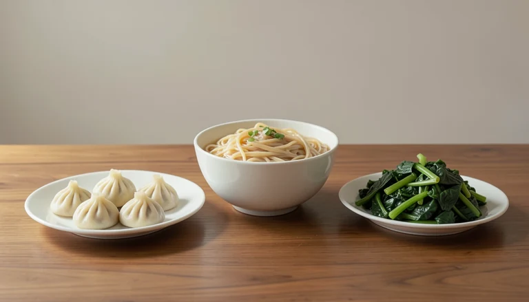 AI illustration of Illustration of a shared meal with closed dumplings, noodles and greens.