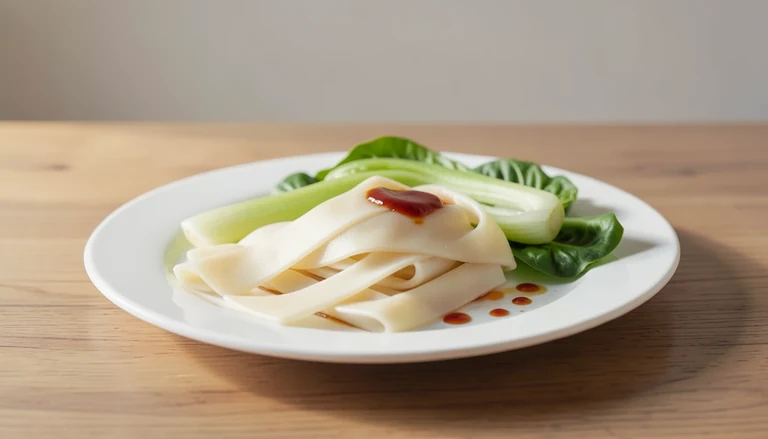 AI illustration of broad flat wheat noodles with green vegetables